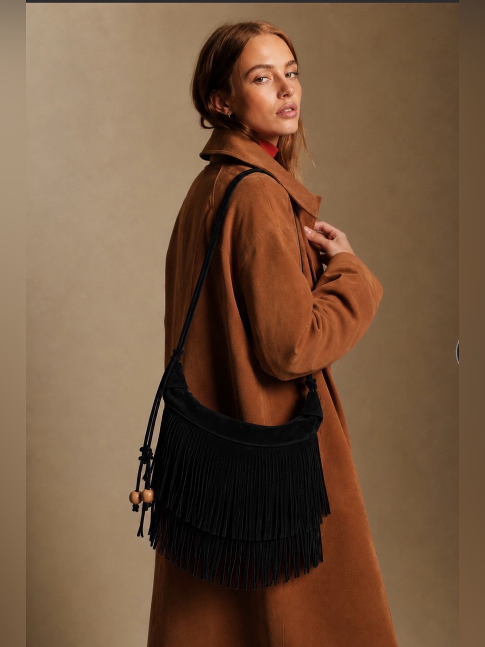 KE Fashion Stylish Black Fringe Shoulder Bag with Wooden Bead Accent